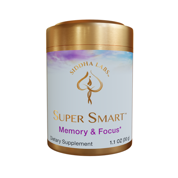 A container of Super Smart Nootropic Memory & Focus Support by Siddha Labs. The container is gold-colored with a purple label that includes the product name and mentions 'Dietary Supplement'.